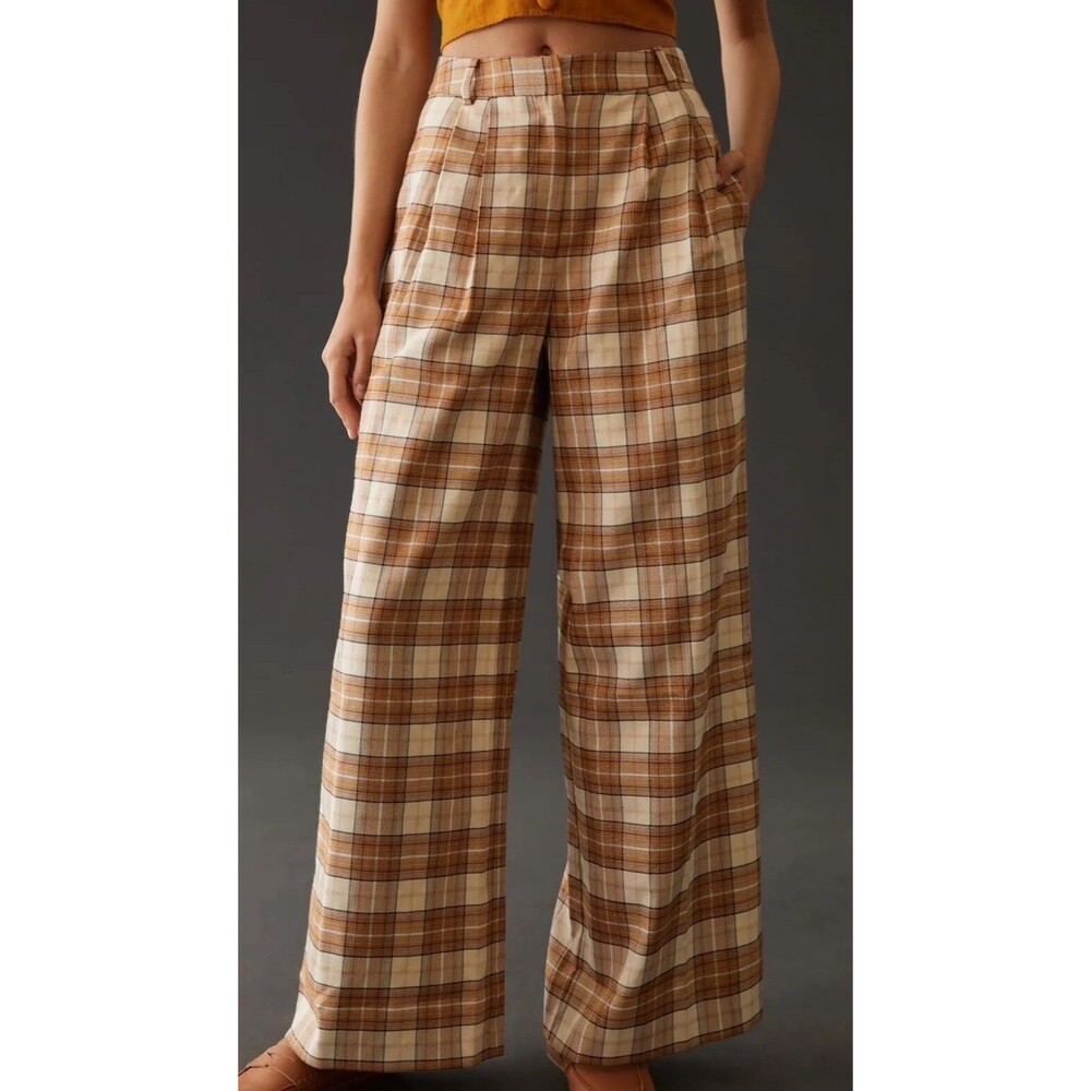 Anthropologie Hutch Pants Women Preppy Brown Plaid Wide Leg Preppy Size 12 NWT